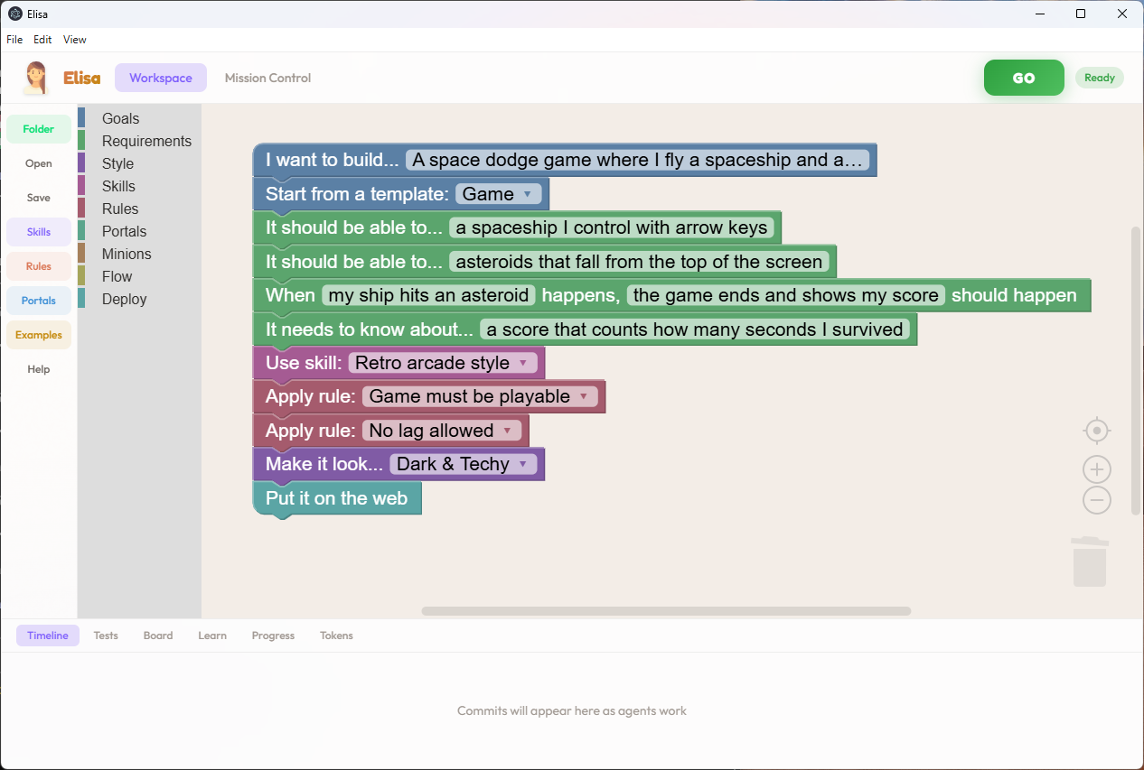 Elisa IDE showing a visual node-based workflow editor